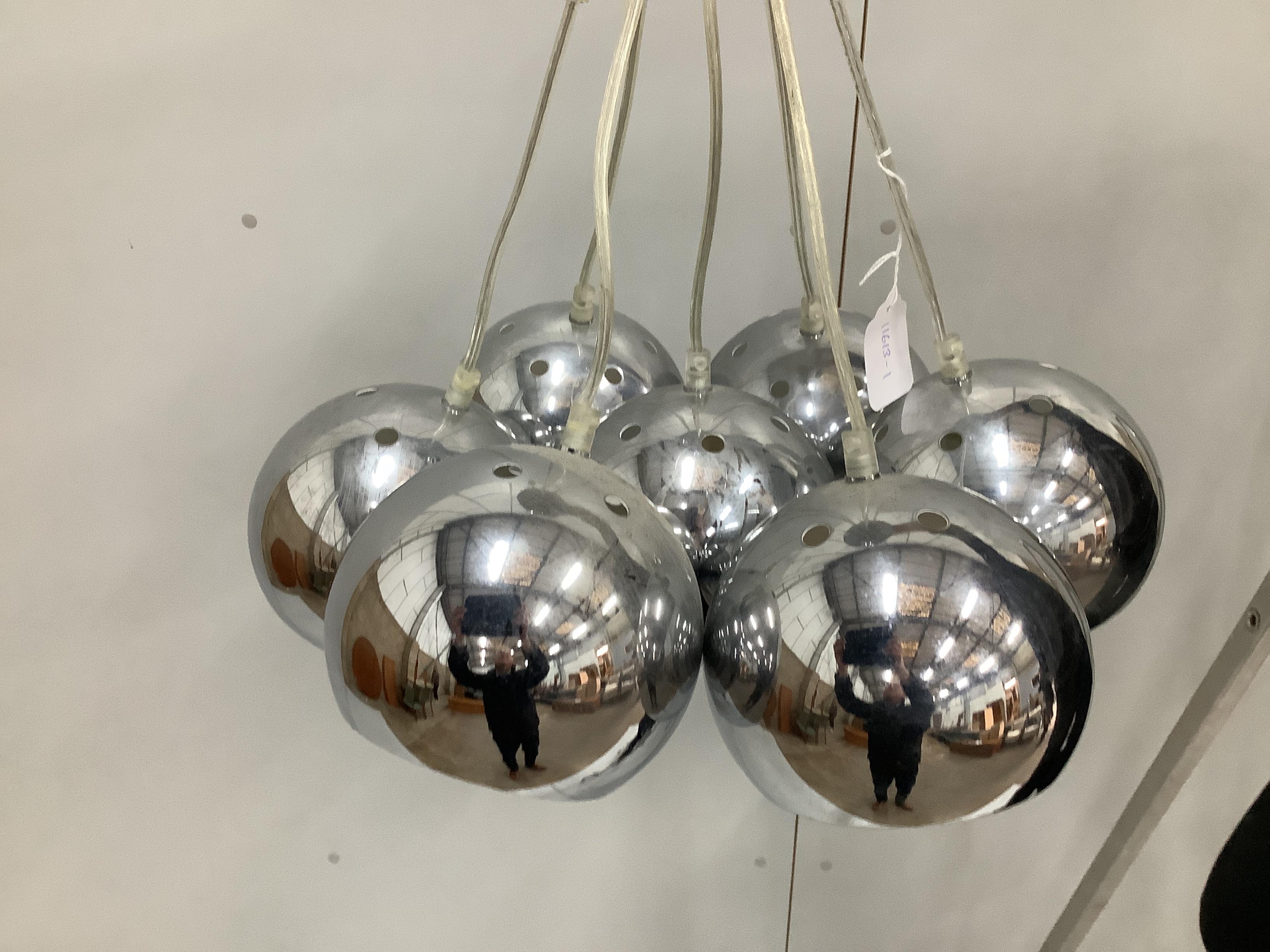 A mid century style seven branch chrome ceiling lamp, height 40cm